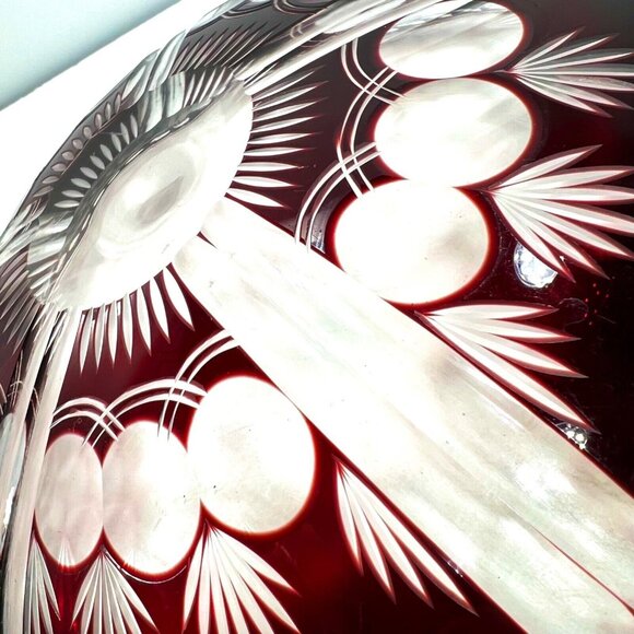 Czech Bohemian Ruby Red Cut To Clear Glass Serving Bowl Coin Dot Cranberry 9" - Picture 8 of 10